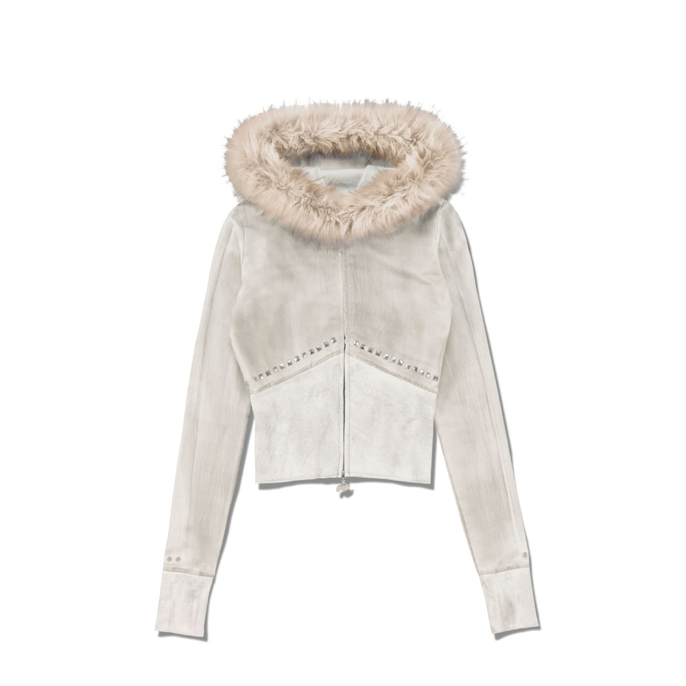 Dirty Washed Zip Hoodie Custom Faux Fur / WHITE TIPPED Produced by XG