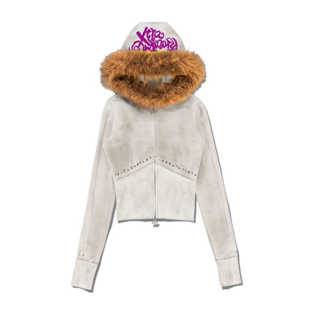 Dirty Washed Zip Hoodie Custom Faux Fur / CAMEL TIPPED Produced by